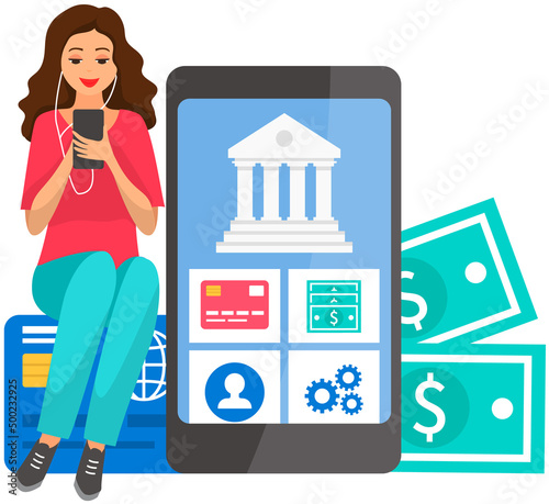 Woman sitting on sofa holds smartphone in her hand. Casual lady in headpones use online banking and browsing social media on mobile device. Girl on couch uses phone for chatting and surfing internet