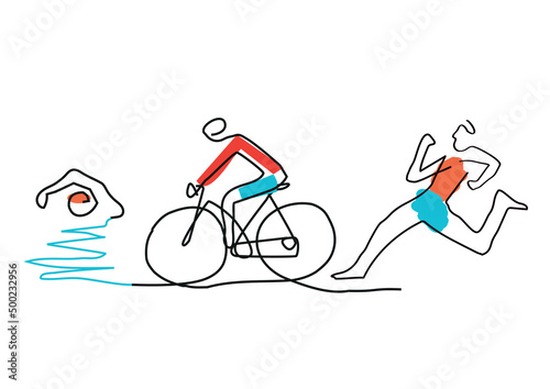 Triathlon cycling swimming , line art. Illustration of Triathlon athletes. Continuous Line Drawing . Vector available.

