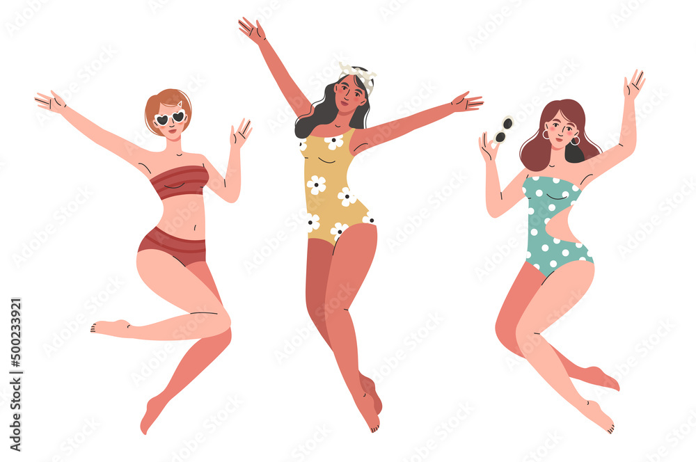 Beautiful summer women in swimsuits.Happy young girls jumping.Vacation concept. Beautiful summer women in swimsuits.Happy young girls jumping.Vacation concept.