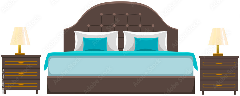 Double wooden bed in flat design for bedroom, hotel room. Cartoon ...
