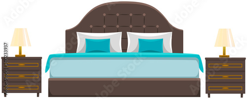 Double wooden bed in flat design for bedroom, hotel room. Cartoon furniture icon isolated on white background. Animated house equipment. Bedroom interior element. Bed with sheet, pillows and blanket