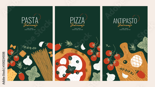 Italian food vertical design templates. Tasty pizza. Dry pasta. Antipasto board. Vector illustration