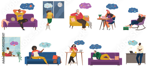 People thinking or making decision set, young man and woman thinking of something vector Illustration on white background. Fantasy characters with imaginary thoughts, new dreams, fancied ideas