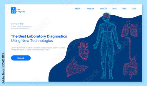 Medical app. Polygonal human organs made lines and dots. Medical research of human body, innovative approach concept. Anatomy, diagnostics of body systems. Brain, kidney, liver, lung, stomach, heart