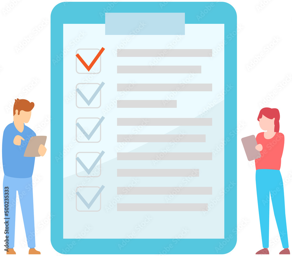 Two office workers check checklist mark completion of tasks and plans ...