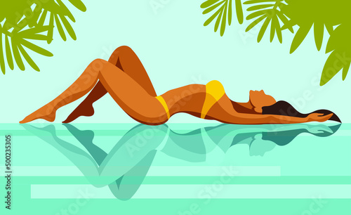 vector illustration on the theme of summer holiday. beautiful young tanned girl in a yellow bikini sunbathes by the pool in the shade of palm trees and leaves at a tropical resort. reflection in water