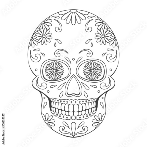 Day of The Dead sugar Skull with floral ornament. Mexican skull. Vector illustration isolated on white background