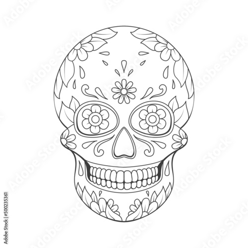 Day of The Dead sugar Skull with floral ornament. Mexican skull. Vector illustration isolated on white background