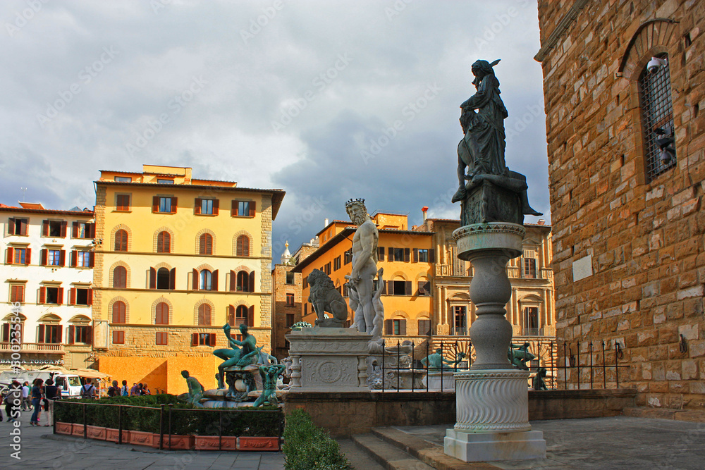 View on the famous fountain of Neptune on Piazza della Signoria in Florence, Italy