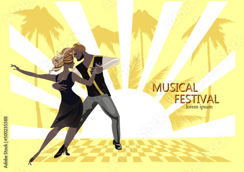 Beautiful romantic couple in passionate Latin American dances. Salsa festival. Hand drawn poster background.