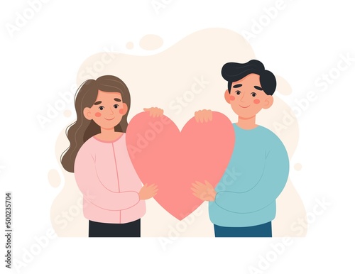 Happy couple concept. Man and woman holding a huge heart. Cute vector illustration in flat cartoon style