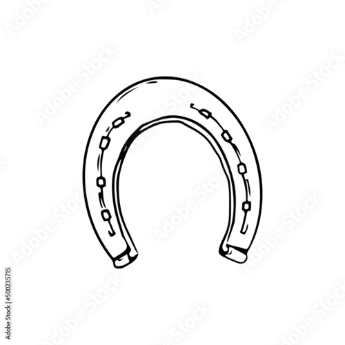 Hand drawn horseshoe lucky icon element. Cartoon doodle sketch style. Horse shoe vintage black vector illustration isolated on white background