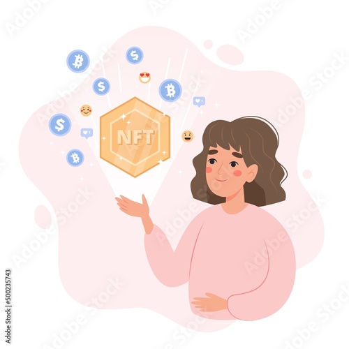 NFT token concept - woman holding non fungible token. Different currency icons and emoji icons. Vector illusration in flat cartoon style
