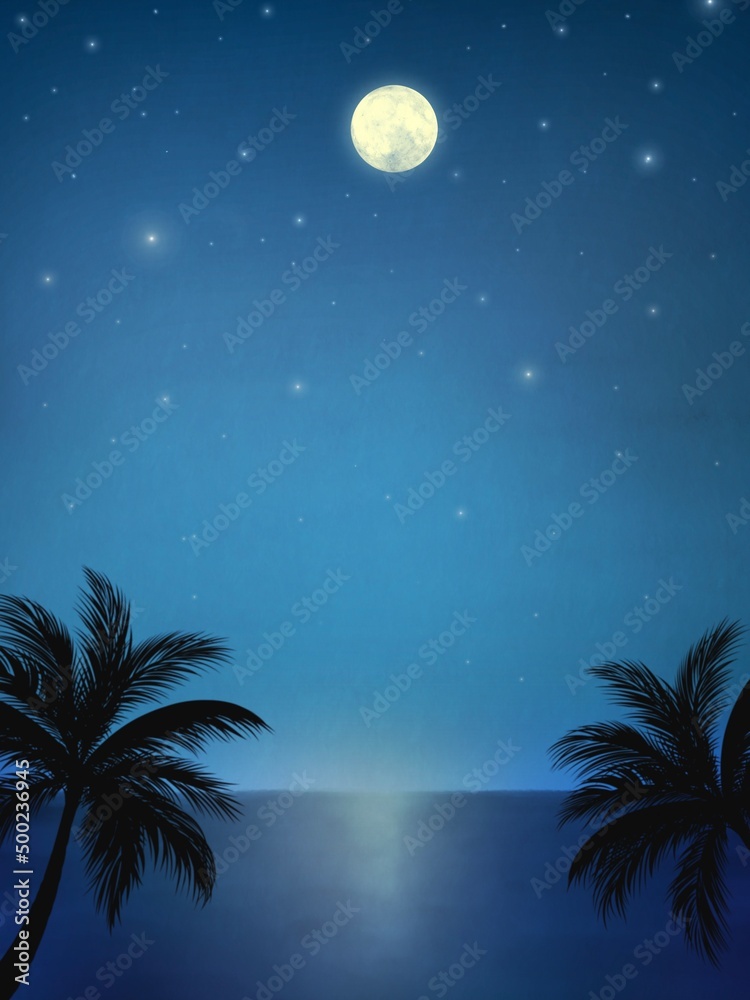 ヤシの木と月夜の南国ビーチ 背景素材 Stock Illustration Adobe Stock