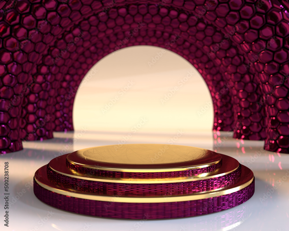Triple gold cylinder pedestal podium with magenta honeycomb circle