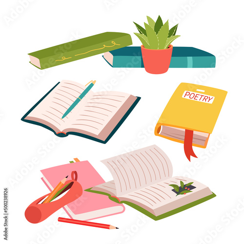 Open and closed books on bookshelf set vector illustration. Cartoon pile with storybook and textbook of poetry, notebook, dictionary and stationary from pencil box isolated on white. Knowledge concept