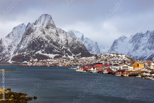 Panoramic view of Reine  a traditonal fisherman village at Lofoten Island in Norway.