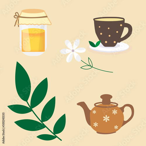 tea set,honey,tea mug and teapot