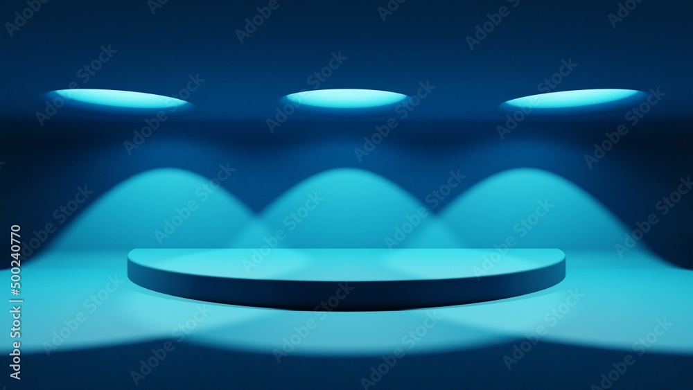 3D blue background with a podium and light beams from above to showcase your product. 3d rendering 3D blue background with a podium and light beams from above to showcase your product. 3d rendering