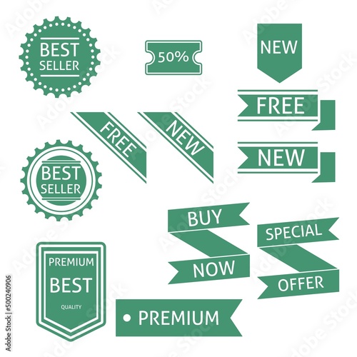 premium vector, set of promotion label and badge, green color with text.