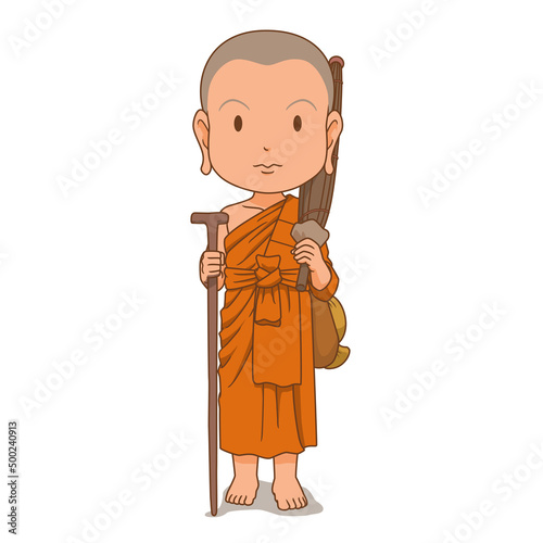 Cartoon character of Buddhist monk go on a pilgrimage.