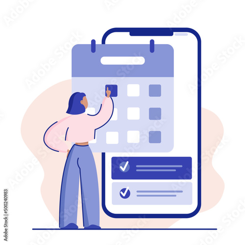 girl with phone searching date in calendar to-do list blue pink