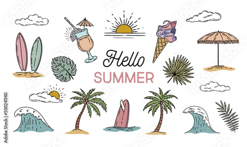 Summer icon set, hand drawn illustration.	
