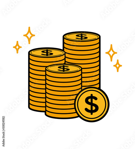 キラキラ輝く積み上げたドル硬貨のイラスト