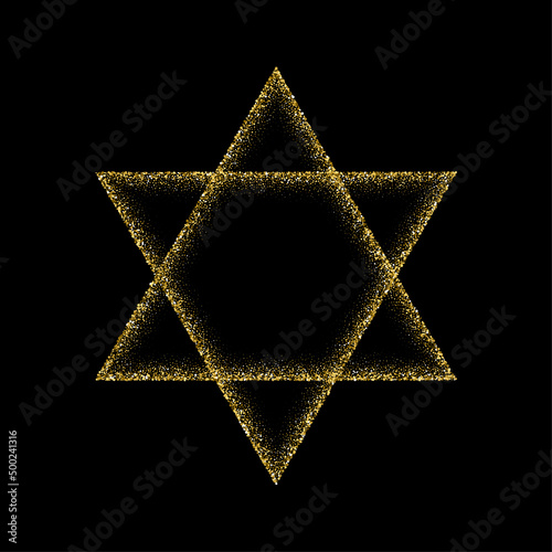 Jewish star of David from gold dust vector illustration. Abstract decoration of golden foil particles, Israeli religious symbol of judaism, glitter frame of faith isolated on black background.