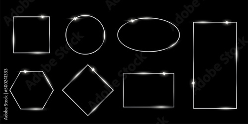 Rectangular and round silver photo or picture frames in different proportions and sizes isolated on black background. Vector luxury borders set. Square, rectangle, oval, rhombus, hexagon and circle.