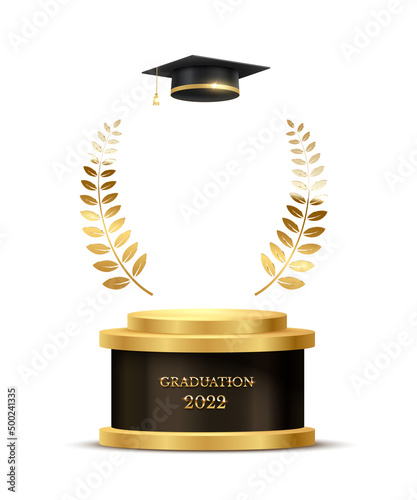 2022 graduation ceremony banner. Award concept with academic hat, golden podium and laurel wreath under shining glitter on dark background.