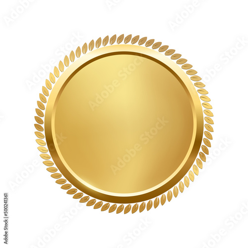3d gold medallion and circular decoration from laurel leaves vector illustration. Realistic golden round award vip object with glow light effect, victory or anniversary medal isolated on white. photo