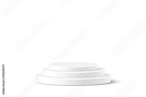 3d cylinder podiums for product presentation in showroom vector illustration. Realistic luxury white platform, grey display base with three steps isolated on white background.