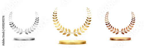 Golden, silver and bronze award signs with podiums laurel wreath isolated on white background. Vector award design templates.