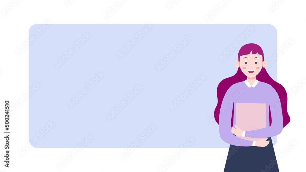 Businesswoman or student holding a book with the blank board. Business or education vector illustration background.