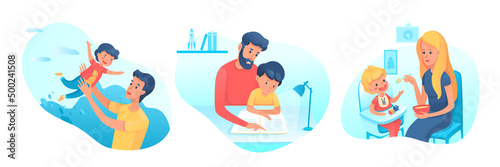 Happy family time together set, father holding son, dad and kid study with book at home