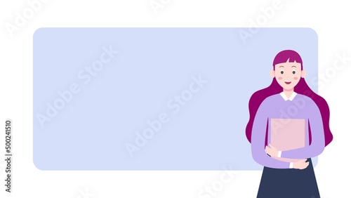 Businesswoman or student holding a book with the blank board. Business or education vector illustration background.