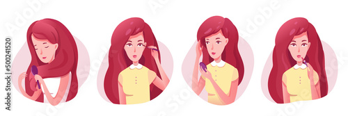 Woman putting on makeup set, girl applying mascara and lipstick, holding mirror and comb