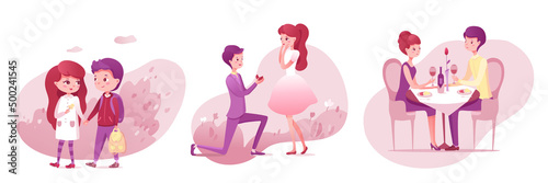 Romantic situations of cute couples set, marriage proposal and love date, stroll in park