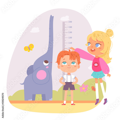 Kids friends measure height with ruler and cheerful elephant vector illustration. Cartoon girl standing with baby boy, chart of progress growth with scale in centimeters and animal isolated on white.