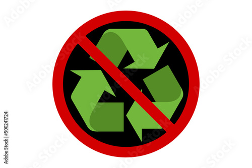 red and black prohibition sign against recycling symbol on white background,non-recyclable material warning,vector illustration