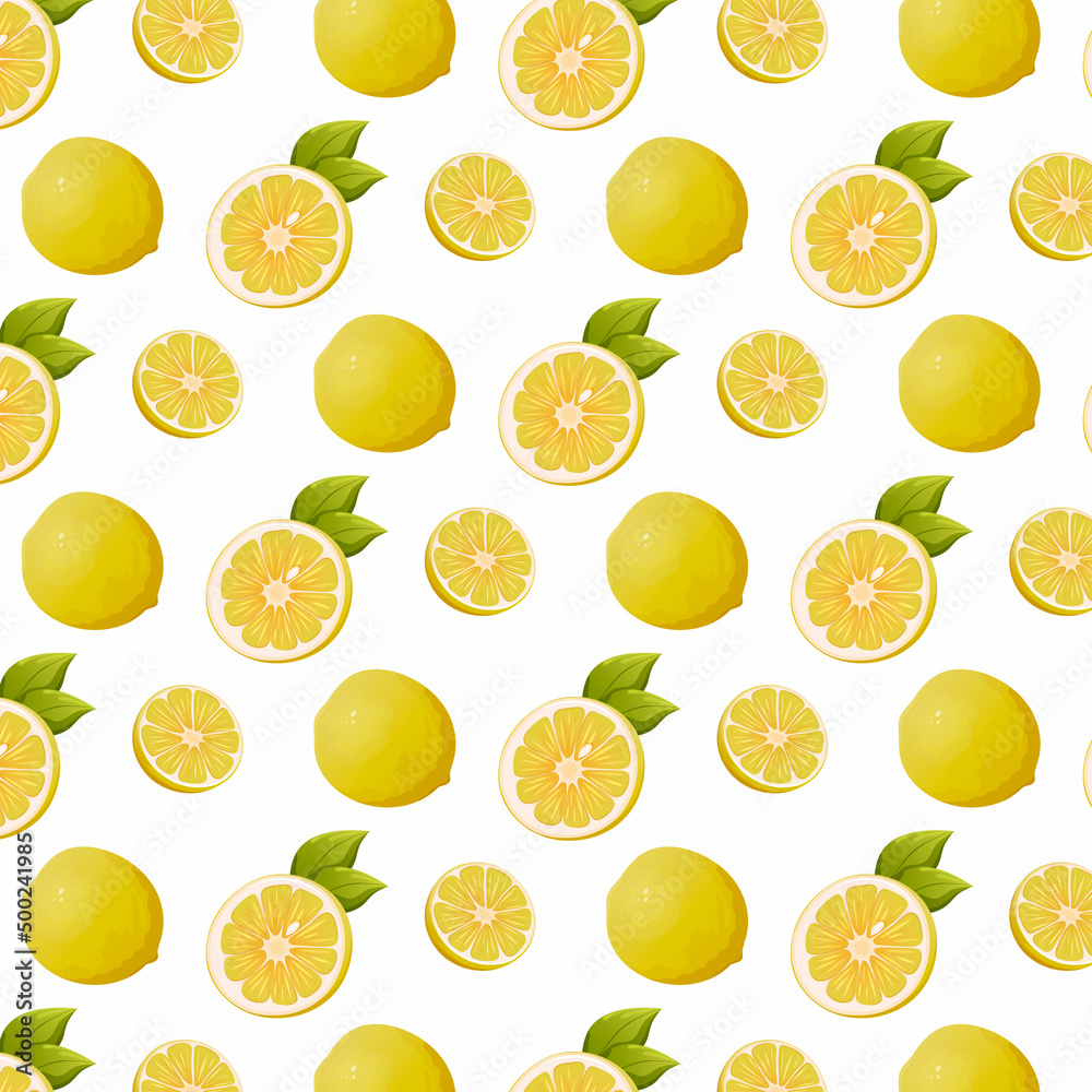 Seamless pattern lemon citrus fruit vector illustration. Slices and whole with leaves. Vitamin summer healthy food on a transparent isolated background for packaging, wrapping paper, textile, gift