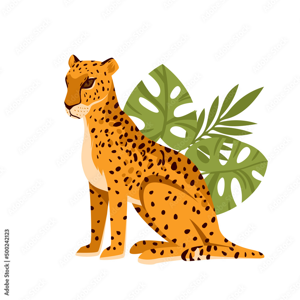 Leopard, African exotic wild big cat sitting among green tropical leaves  vector illustration. Cartoon cute portrait of predator in jungle or  rainforest of Africa isolated on white. Wildlife concept Stock Vector |