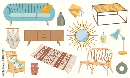 Large set of furniture icons in scandinavian style. Boho style. Sofa, wardrobe, mirror, bench, carpet, macrame, lamp, vase, armchair. Flat design, hand drawn cartoon, vector illustration.