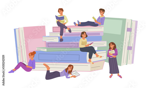 Reading persons and book pile, literature lovers with big book stack. Friends reading books, man and woman book fans vector illustrations. Book lovers concept