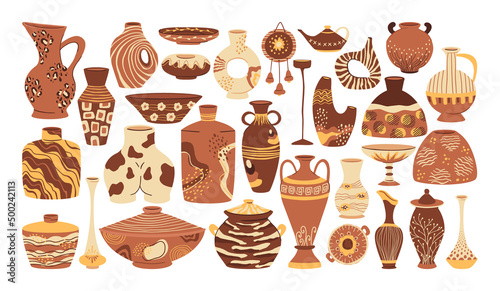 Decorative pottery, clay ceramic crockery, vases and dishes. Ceramic tableware, doodle pottery items vector symbols illustrations set. Hand drawn ceramic collection
