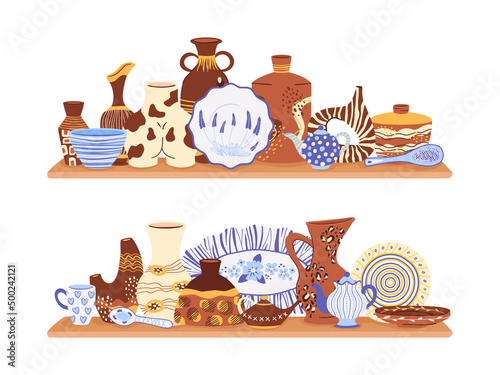 Ceramic crockery, hand drawn tableware, shelf with kitchen pottery. Doodle modern decorative pottery, handmade clay ceramic crockery vector symbols illustration. Vases and dishes on shelf