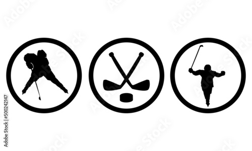 A set of stickers in a round frame with hockey players, hockey sticks and a puck. Isolated black silhouette on a white background