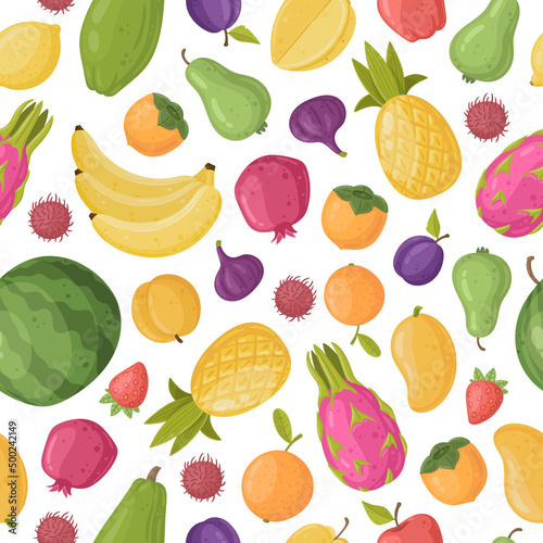Fototapeta Naklejka Na Ścianę i Meble -  Cartoon fruits and vegetables seamless pattern, watermelon, banana, pineapple. Summer fruits and veggies, persimmon, pear and dragon fruit. Organic fruits vector seamless pattern