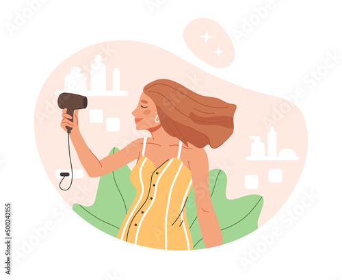 Cartoon woman hair care routine, girl blow-drying hair using hair dryer. Lady self care routine, beautiful hair procedure vector background illustration. Hair care routine